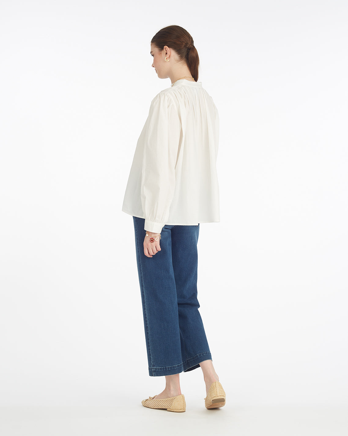 Pleated Button Down in Cotton Dobby in White